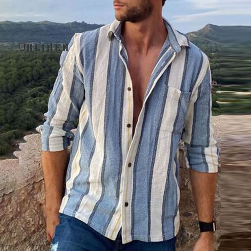 Chemise manche longue à rayure vintage en lin pour homme