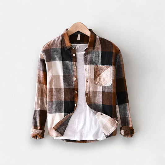 Linen-cotton plaid shirt