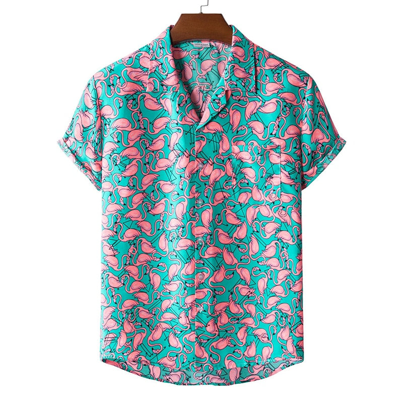 Turquoise-Pink Hawaiian Floral Print Short Sleeve Shirt