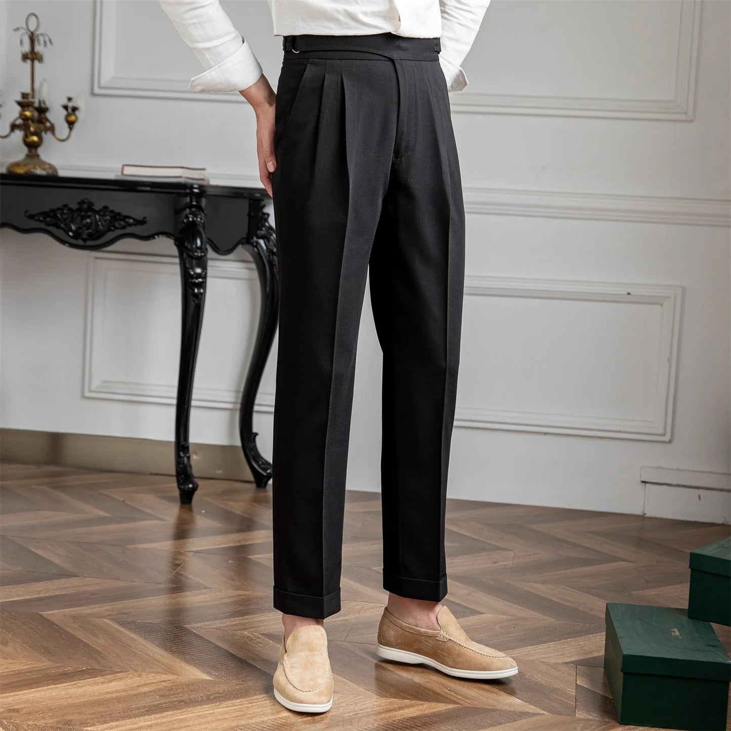 British high-waist trousers