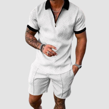 AntoniosClothing  White Zip Collar Casual Summer Set 2 piece ( T-Shirt+Shorts)