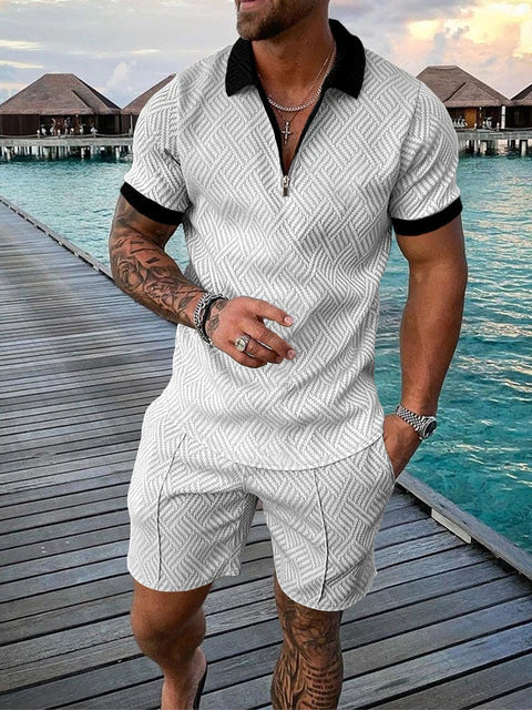 AntoniosClothing  White Zip Collar Casual Summer Set 2 piece ( T-Shirt+Shorts)