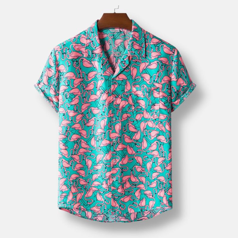 Turquoise-Pink Hawaiian Floral Print Short Sleeve Shirt