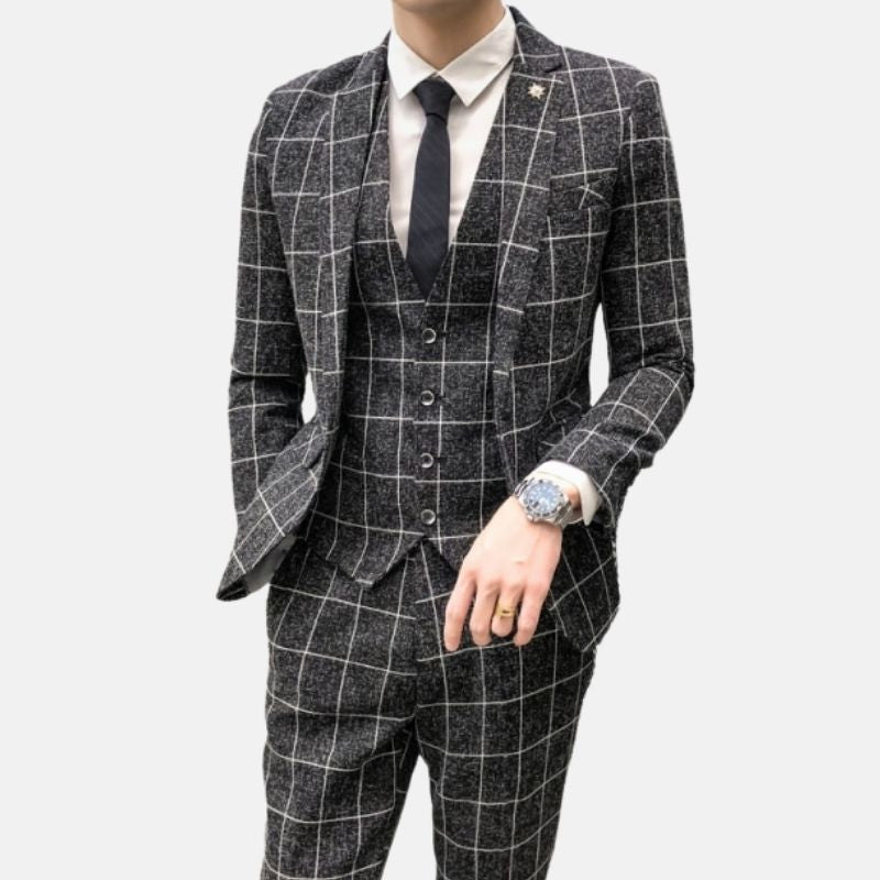 Slim-Fit Plaid Pattern 3 Piece Suit