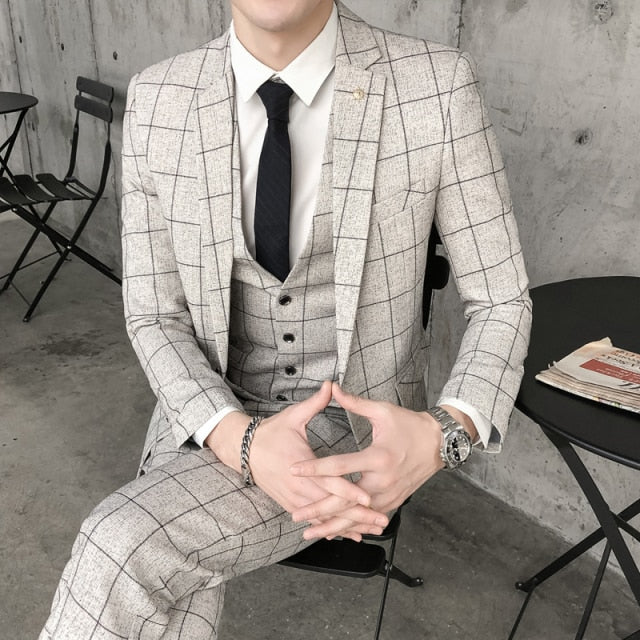 Slim-Fit Plaid Pattern 3 Piece Suit