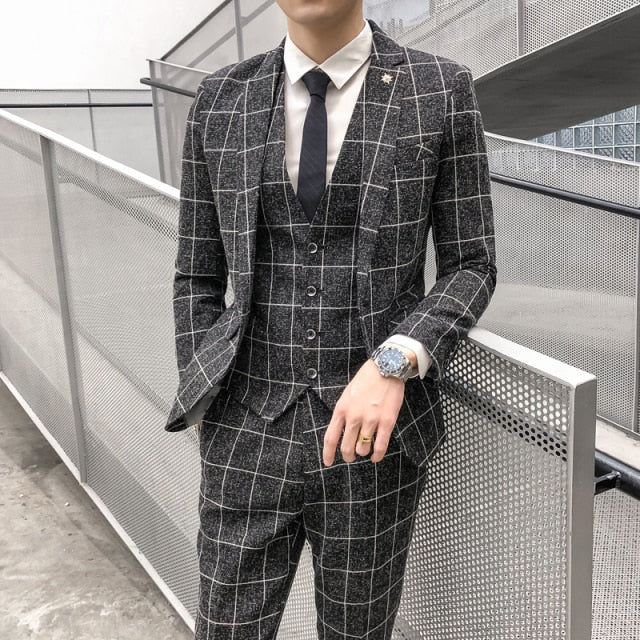 Slim-Fit Plaid Pattern 3 Piece Suit