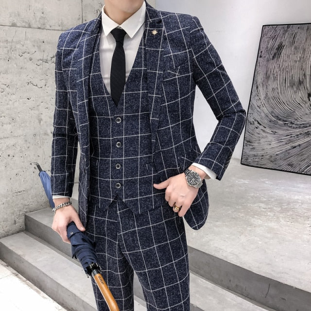 Slim-Fit Plaid Pattern 3 Piece Suit